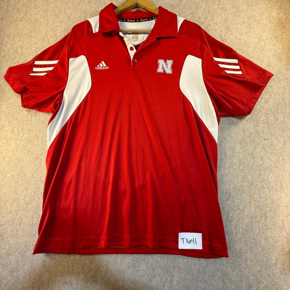 Adidas Nebraska Cornhuskers Scorch Polo Shirt Mens Large Red White Short Sleeve